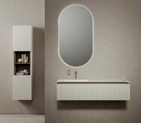 Wall-mounted cabinet in white oak with 3D effect + Corian® basin - 2 Drawers